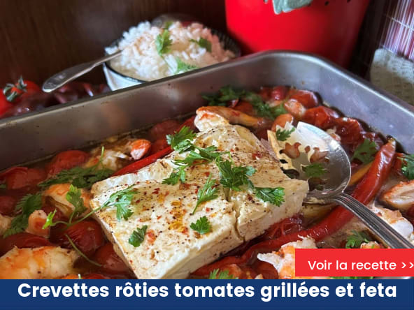 Crevettes rôties aux tomates grillées et à la feta